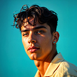 Young man with dark curly hair and an earring wearing a beige shirt against a blue background.
