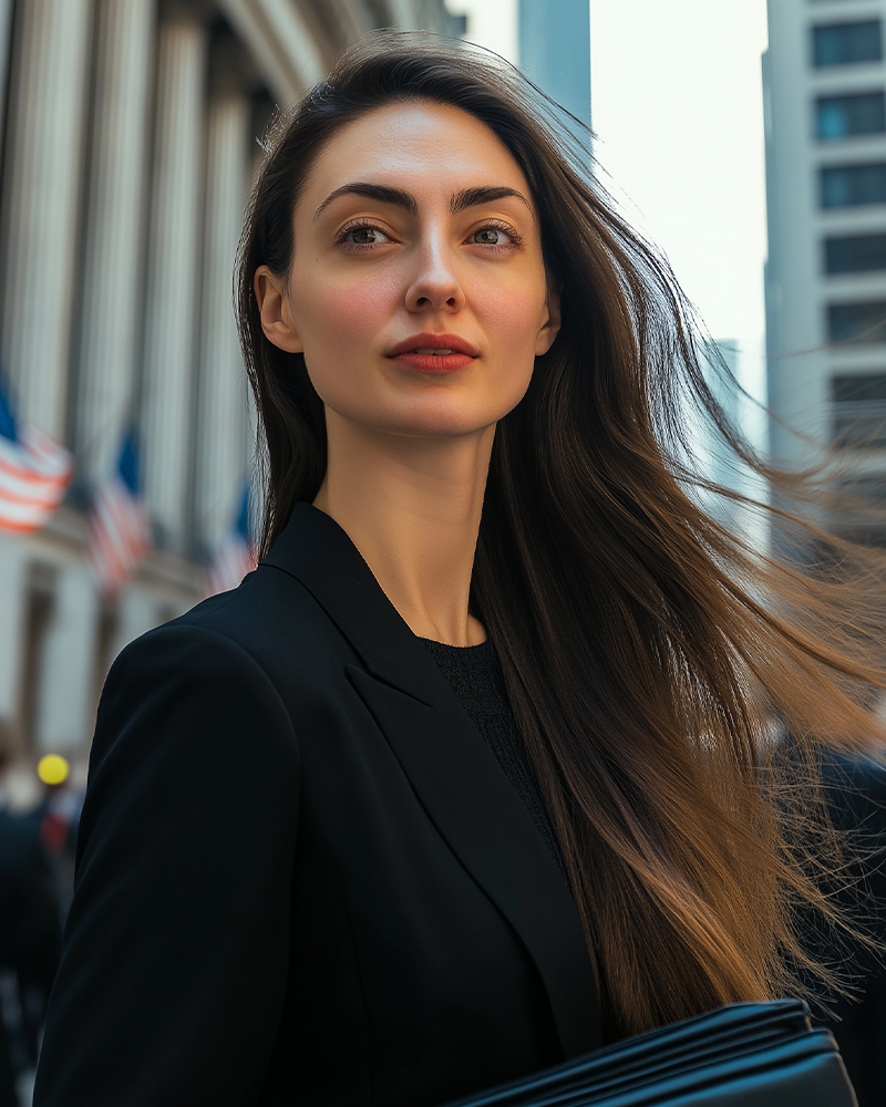 Young woman with long brown hair wearing a black blazer, holding a folder, standing outdoors in an urban setting.