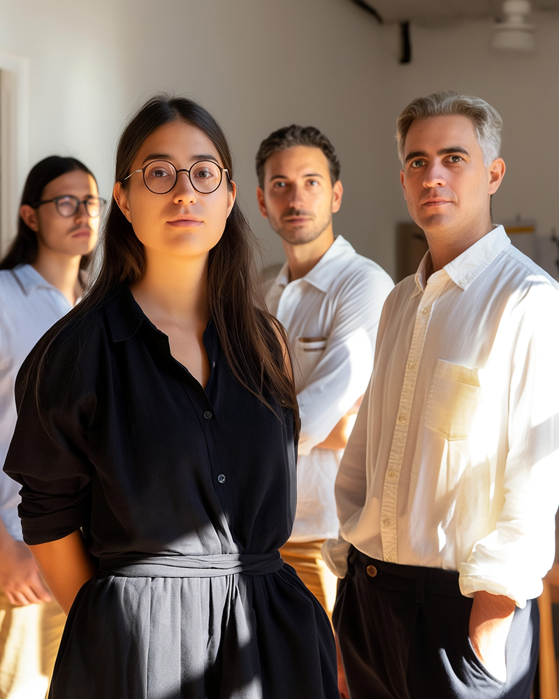 Four diverse young professionals standing indoors, with woman in black shirt in front and three men in white shirts behind her.