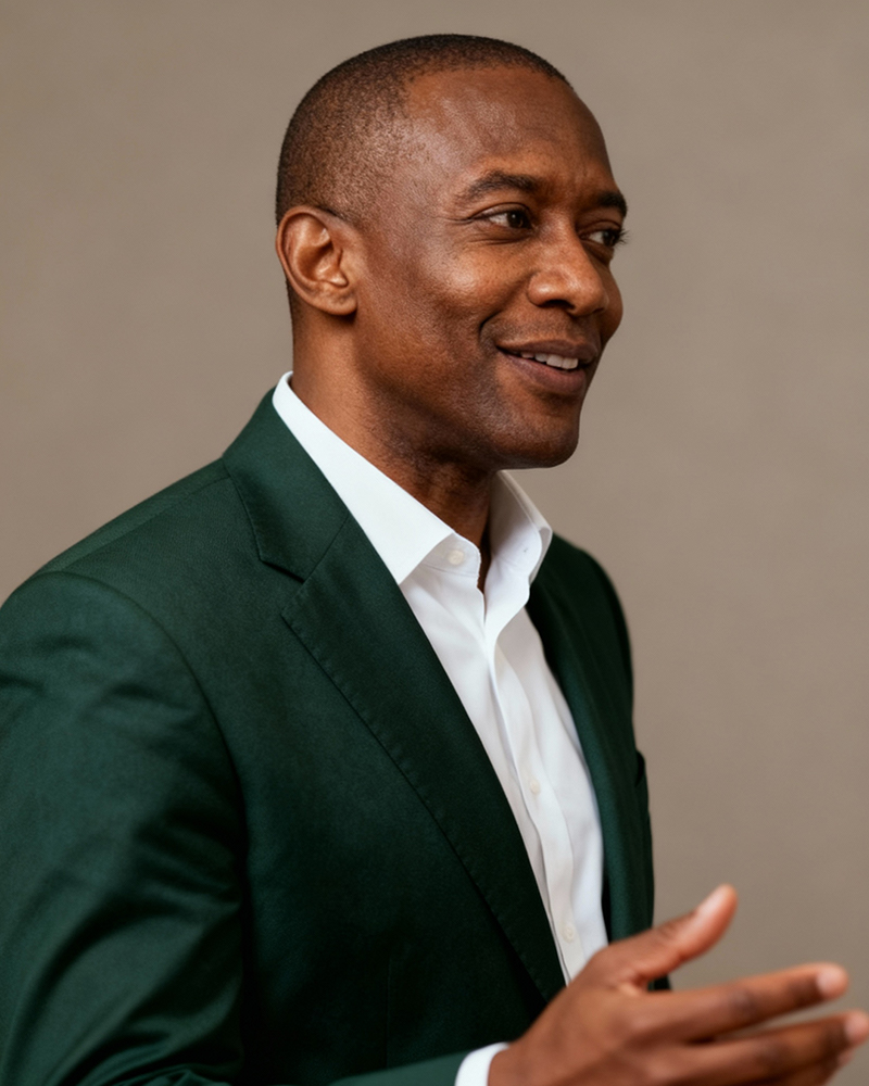 Smiling man in a dark green suit jacket and white shirt gesturing with his hand.
